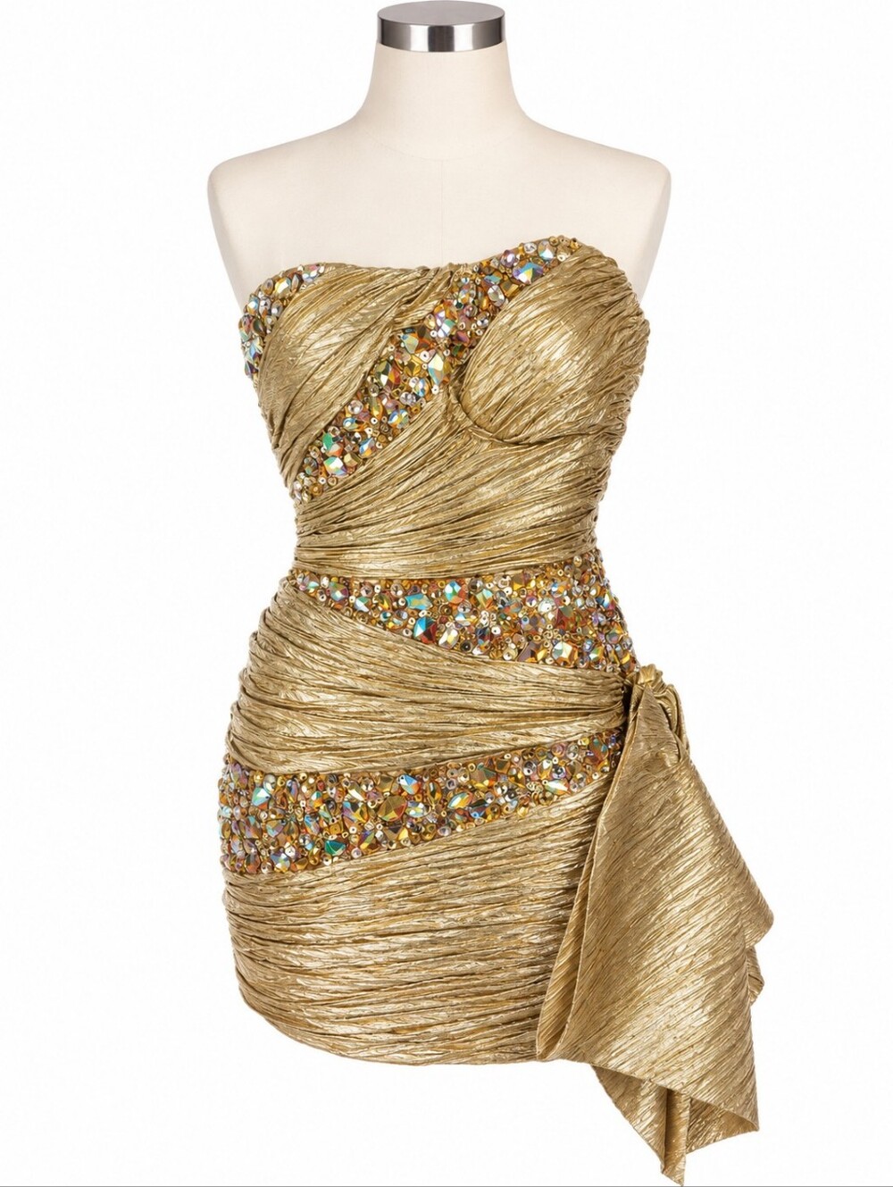 Mac Duggal Vintage Gold Metallic Strapless Prom Party Mini Dress Rhinestone Sz 8